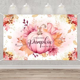 MEHOFOND Pink Pumpkin Baby Shower Banner for Girls Fall Pastel Pumpkin Maple Leaves Sweet Little Pumpkin is on The Way Photography Background Baby Shower Party Decorations 70.8 x 43.3 inch