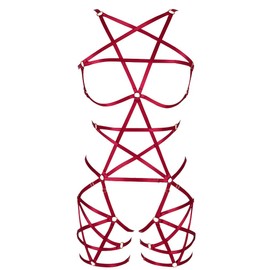 Female Body Harness Garter Punk Gothic Pentagram Caged Bra Plus Size Garter Set (MLCN0125-WINE RED)