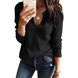 Womens V Neck Waffle Knit Shirts Long Sleeve Loose Fitting Warm Tee Tops Sweaters Pullovers Black
