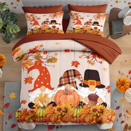 Pamnest Fall Comforter Set King Size, Autumn Gnomes 7 Pcs Bedding Set for Kids and Adults, Thanksgiving Harvest Pumpkin Bed Sheet Sets with Fitted Sheet 2 Pillowcase & 2 Sham for Bedroom Bed Decor