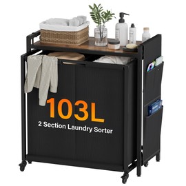 SAKSUN Laundry Sorter 2 Section: Laundry Hamper Basket with Shelf and Wheels - Rolling Laundry Basket Organizer with Pull-Out Cart - Clothes Hamper for Laundry Room Bathroom Bedroom