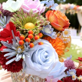 Artificial Flowers Combo Box Set, 38pcs Mix Flowers Dahlia Silk Roses, Daisy & Hydrangea with Stems for DIY Wedding Bouquets, Bridal Shower Centerpieces, Party & Home Decor, Floral Arrangement