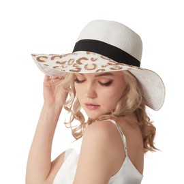 Wide Brim Straw Panama Hat Straw Sun Hat Beach Hat Summer Hats UPF50+ Straw Fedora with Leopard Print (White)