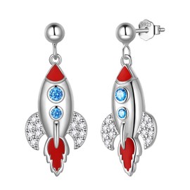 Space Theme Charm Earrings 925 Sterling Silver Girls Women Rocket Space Ship Astronomy Astronaut UFO Crystal Earrings Space Lover Science Jewelry Tiny Earrings DE0275W