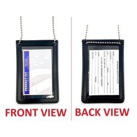 Neck Chain Double Sided ID Holder with 2 Clear Picture ID Windows, Leather Badge for Credential Pass to Wear Around The Neck for Police Law Enforcement, Business, Factory Worker (Black) (Vertical)