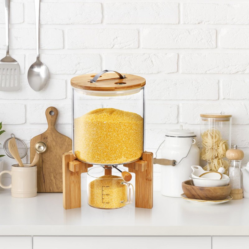 Tlence 5L Glass Rice Dispenser, Cereal Container with Bamboo Stand,