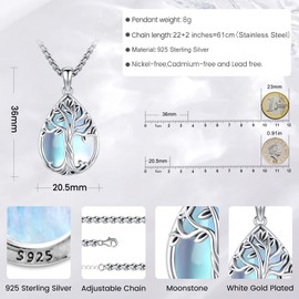 Eusense Tree of Life Necklace 925 Sterling Silver Pendant Tree Life Gifts Jewellery Women Ladies Girls Mother's Day Father's Day, Sterling Silver, Moonstone