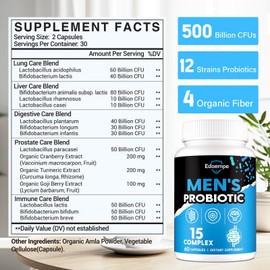 Probiotics for Men, 500 Billion CFUs 12 Strains, Mens Probiotics for Gut Health*, Digestive Health*, Energy, Prostate & Urinary Tract*, with Cranberry, Goji, Turmeric & Amla, Shelf Stable, 60 Caps