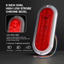 MADCATZ 2 Pcs of 6 Inch Red Oval LED Strobe Light, 21 LEDs with High/Low/Flash Modes 4 Wires w/Chrome Bezel Stop Turn Brake Light for Truck Trailer Pickup, 12V–24V