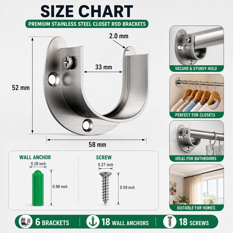 6 Packs Wardrobe Rail Bracket, U Shaped Closet Rod Bracket