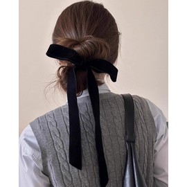 Sheepyo Velour Ribbon, Hair Accessory, Black, Velvet, Scrunchie, Hair Accessory, Ribbon, Wedding, Stylish, Hair Elastic (Black, Clip Type)