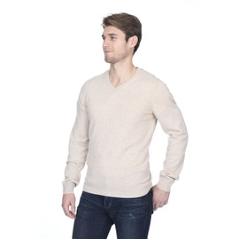 State Fusio Men's Basic V-Neck Sweater Cashmere Merino Wool Blend Long Sleeve Pullover (Beige, Small)