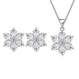 AOWVUTS Christmas Jewellery Set Snowflake Pendant Necklace Earrings Set 925 Sterling Silver Shiny Crystal Necklace Stud Earrings Jewellery Sets Gifts for Girls and Women, Sterling Silver, No Gemstone