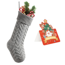 meioro Christmas Stockings with Greeting Card, 46cm/18in Large Size Cable Knit Christmas Stocking, Fireplace Hanging Xmas Stocking for Holiday Family Party Festival Decorations(Grey)