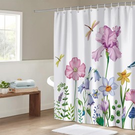 ZCHOMI Pink Purple Floral Shower Curtain Iris Flower Dragonfly Spring Summer Shower Curtain for Bathroom Waterproof Polyester Fabric Bathroom Curtain 72 x 72 Inch with 12 Hooks