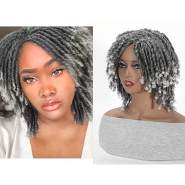 Short Dreadlock Wigs for Women and Men, Ombre Silver Gray Afro Curly Twist Braid Glueless Wig Synthetic Heat Resistant Hair Breathable Wigs(T1B/Grey)