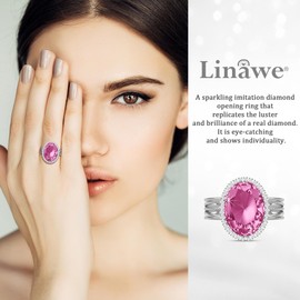 Linawe Silver Adjustable Rings for Women, Pink Birthstone Fake Imitation Diamond Rings, Chunky Gemstone Crystal CZ Rings, Statement Cocktail Ring, Cubic Zirconia Costume Rings