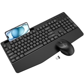 Wireless Keyboard and Mouse Combo, Full-Sized Ergonomic Keyboard with Wrist Rest, Phone Holder, Sleep Mode, Lag-Free, Silent 2.4GHz Cordless Computer Keyboard Mouse for Laptop, PC, Window(Black)