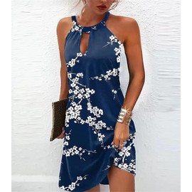 Kubsid Size M Blue Plum Flower Halter Dresses for Women 2025 Casual Floral Print Summer Dresses Hollow Out A-line Sundresses for Beach Vacation Holiday
