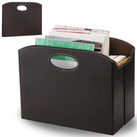 WRINGKIT PU Leather Magazine File Holder, Foldable Magazine Basket with Handles, Stable Magazines Rack Floor, Document File Folder Organizer Box, Books Newspaper Storage Bin for Office Home School