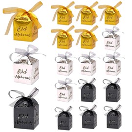 iwiio 18Pcs Eid Mubarak Gift Boxes, Islamic-inspired Design, Gold, Black, Silver, 1.96 x 3.14 Inches, 18 Count, Cardboard, Perfect for Eid Celebrations