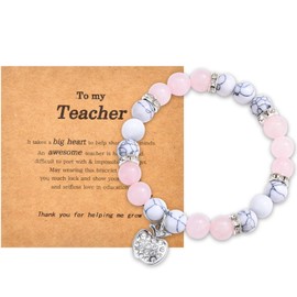 CERSLIMO Teacher Gifts for Women - Natural Howlite & Rose Quartz Bracelet with Beautiful Shiny Cubic Zirconia Apple Charm, Thank You Appreciation Jewellery, Christmas Best Teacher's Day Gifts