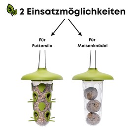 Hanging Bird Feeder for Wild Birds - Bird Feeder 2-in-1 Set for Feed Silo and Fat Ball Holder - Weatherproof Bird House Made of Recycled Plastic - Feeding Column Birds Green