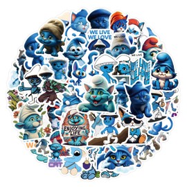 50pcs Smurf Cat Stickers, Funny Gaming Playing Decals for Laptop, Water Bottle, Car, Helmet, Aesthetic Vinyl Waterproof Cute Blue Cartoon Characters for Kids, Toddlers, Teens, Girls