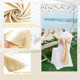 QeeFop Pack of 50 Beige Satin Sashes Wedding Chair Bow, Elastic Chair Sashes for Wedding Decoration, Birthday, Banquet, Party Decoration (Beige)