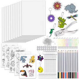 Tigvio Shrink Film, 218 Piece Shrink Film Set, Shrink Film for Crafts Set with A4 Shrink Paper & A5 Shrink Films with Patterns Colouring Pencils Hole Punch, Shrink Film Set Keyring for Children