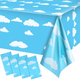 Blue Sky White Clouds Birthday Party Supplies Cartoon Story Tablecloth Party Table Cover Cartoon Table Banner for Baby Kids Shower Birthday Party Decorations, 54 x 108 Inch(4)