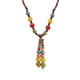 MINACHI Hippie Boho Colorful Ceramic Round Bead Flower Charm Long Y Necklace, Bohemian Summer Beach Jewelry Gifts for Women