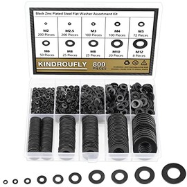 800 Pieces Black Zinc Plated Steel Flat Washers, Fender Washers, Kindroufly 9 Sizes Flat Washers, Lock Metal Washers Assortment Kit (M2 M2.5 M3 M4 M5 M6 M8 M10 M12)