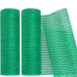 MIKIMIQI 2 Pack Deco Mesh 10 Inch x 30 Feet Deco Mesh Ribbon with Metallic Foil Deco Mesh Wreath Supplies Ribbon Mesh Roll for Spring Wreaths, Craft, Party Decoration (Green)