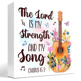 Bible Verse Wood Sign Desk Decor,The Lord is My Strength and My Song Christian Wood Block Signs,Religious Wood Plaque Signs Decor,Scripture Decor for Desk Shelf Tabletop Decoration Home Office
