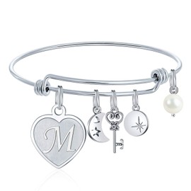 Bracelet For Women Initial Gifts - M Initial Charm Bracelets Stainless Steel Heart Moon Charm 26 Letters Alphabet Bracelet Jewelry Birthday Gifts for Adult Women Teens Girl Flower Girls Wedding Gifts
