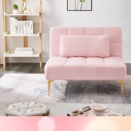 Polibi Modern Sofa Couch with Toss Pillow, Convertible Folding Sofa Bed with Adjustable Backrest and Golden Legs, Single Sofa Chair, Teddy Fabric, Pink