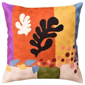 Kashmir Designs Matisse Coral Pillow Cover | Orange Modern Pillows | Modern Chair Cushion| Farmhouse Pillows | Flower Outdoor Pillow | Mid Century Chair Cushion | Hand Embroidered Wool Size 18x18