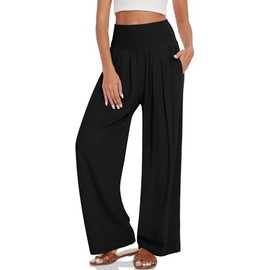 UEU Women's Linen Palazzo Pants Wide Leg High Waisted Lounge Boho Casual Loose Beach Pants with Pockets Black