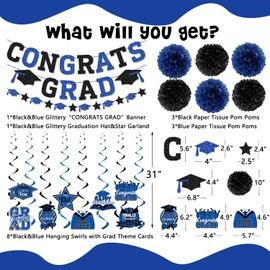 2025 Graduation Decorations, Black and Blue Glitter Congrats Grad Banner, Grad Garland, Hanging Swirls, Paper Pom Poms for Class of 2025 Graduation Party Decorations