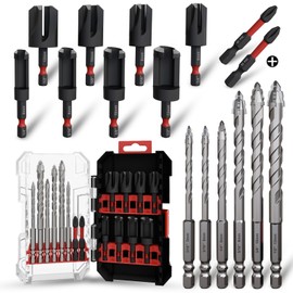FROOOK Wood Plug Cutter Drill Bit Set 16-Piece, Straight and Tapered Cutting Tools，Includes Screwdriver Bits and Masonry Drill Bit Set, 1/4" Hex Shank for Woodworking with Storage Box