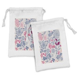 Lunarable Flower Fabric Pouch Set of 2, Floral Background with Leaf Buds Cloud Hearts and Motif Birds Image, Small Drawstring Bag for Toiletries Masks and Favors, 9" x 6", Pale Pink and Teal