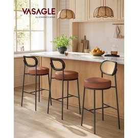VASAGLE Bar Stools Set of 2, Bar Height Bar Stool with PE Rattan Back, Synthetic Leather Upholstered Stools for Kitchen Island Dining Room, 30.1-Inch Bar Chairs, Caramel Brown ULBC097K01