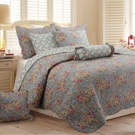 Cozy Line Home Fashions 3-Piece Cotton King Quilt Bedding Set, French Floral Country Cottage Blue Scalloped Provence Garden Lightweight Reversible Coverlet Bedspread for All Season