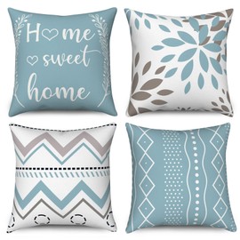 Hnmdmyi Cushion Cover, Light Blue, 45 x 45 cm, Set of 4, Home Sweet Home, Flowers, Boho, Geometric Decorative Cushion Covers, Modern Farmhouse Linen Cushion Cover for Sofa, Couch, Bed, Garden, Outdoor