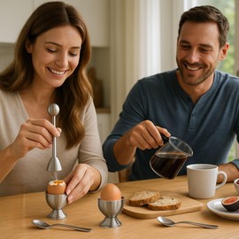 TOPANBIETER 999 Stainless Steel Egg Topper Set of 5 - Egg Opener with 2 Egg Cups & 2 Spoons - Egg Cracker, Egg Opener, Egg Shell Cutter, Egg Slicer, Kitchen Aid for Breakfast Egg