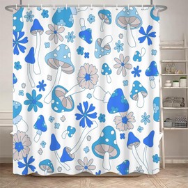 Umpoo Blue Mushrooms Bathroom Shower Curtain Retro 70s 60s Funky Floral Hippie Boho Style Shower Curtain Washable Durable Fabric Home Decorative Shower Curtain with Hooks, 72x84 Inch