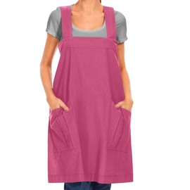 Women's Cotton Cross Back Apron Casual Pinafore Dress with Big Pockets Loose Square Apron for Baking Cooking Gardening, Rose Red, Medium