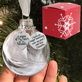Clear Christmas Memorial Ornament Feather Ball, A Piece of My Heart is in Heaven Loss of Loved One Grandpa Christmas Tree Hanging Sympathy Gift with Silk Ribbon & Red Gift Box