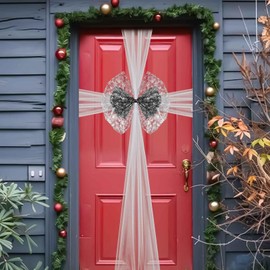 Sursurprise Blue Silver White Christmas Front Door Bow Decorations, Tulle Xmas Door Bow Large, Baby Shower Wedding Wrapping for Window Fireplace Cabinet, Festive Season Home Kitchen Party Supplies